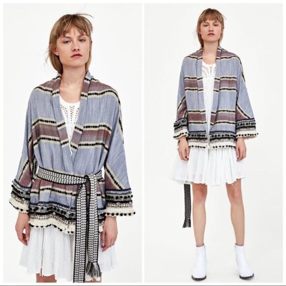 Zara Woman Blue Stripe Woven‎ Embellished Trim Boho Kimono Size Small - Picture 1 of 9
